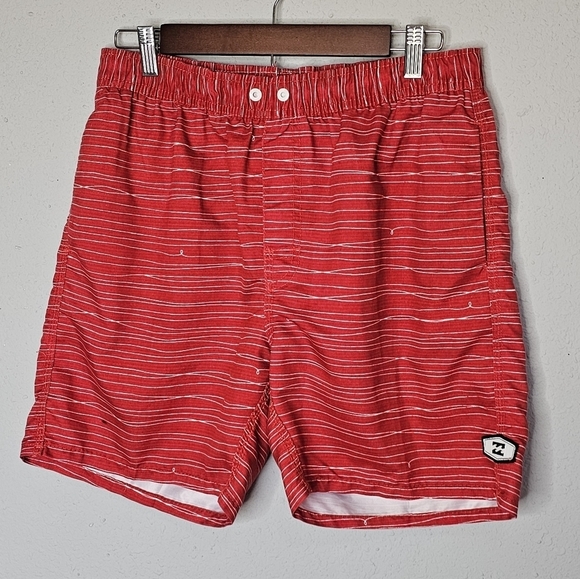 Billabong Mens Swim Trunks Red White Pocket Elastic Waist Size 32 - Picture 1 of 12